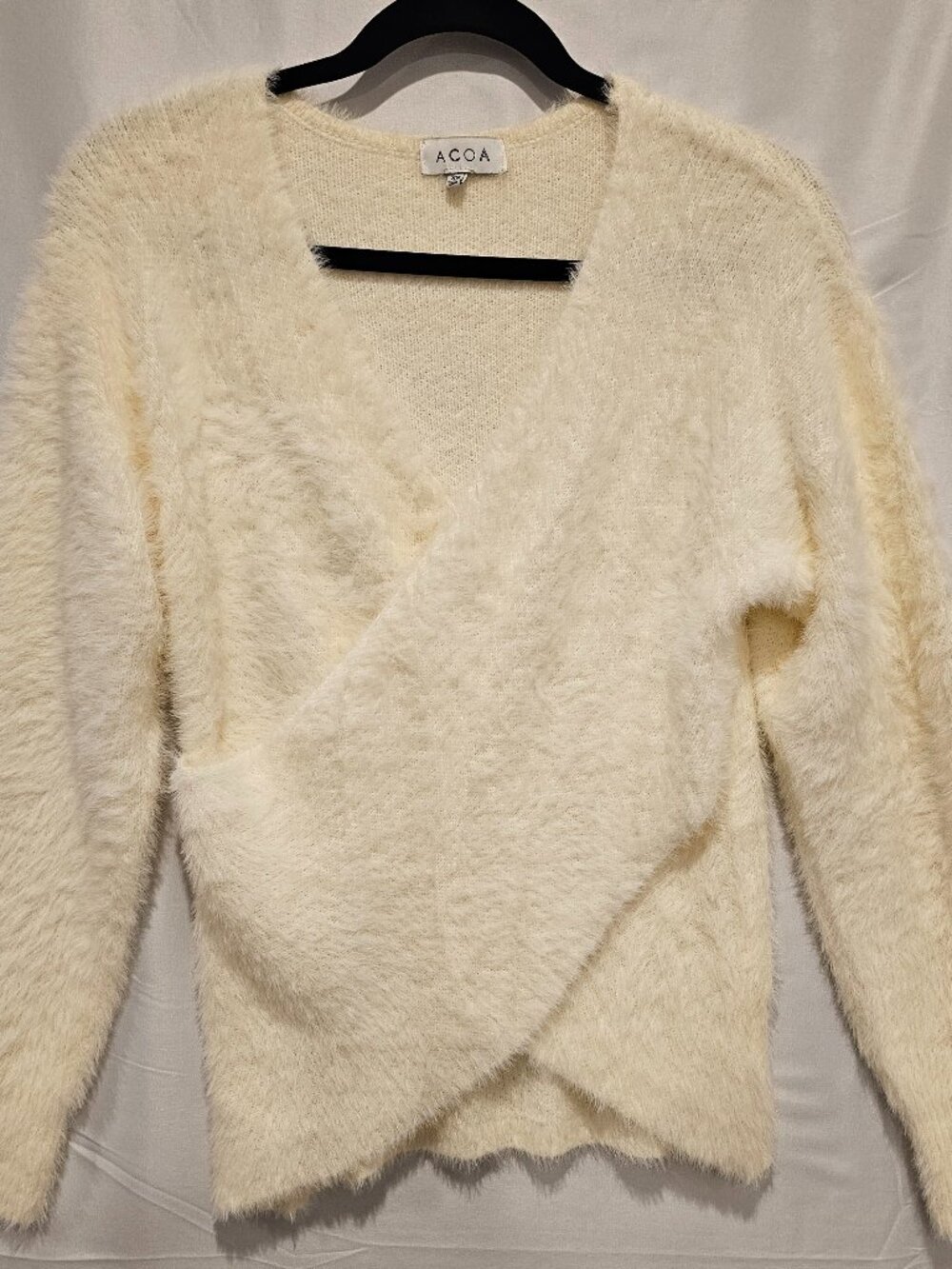 ACOA Women's Soft Cross Front Sweater Size XS Knit Pullover Long Sleeve Ivory